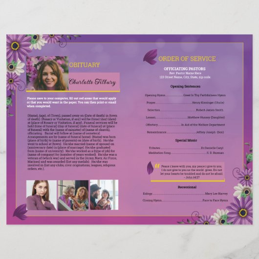 Paarse Bloemen Begrafenisprogramma Sjabloon (Achterkant)