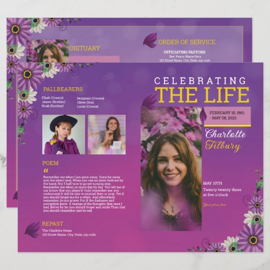 Paarse Bloemen Begrafenisprogramma Sjabloon (Voorkant / Achterkant)