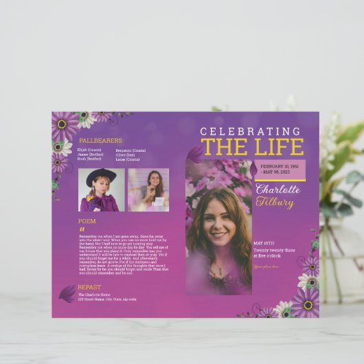 Paarse Bloemen Begrafenisprogramma Sjabloon (Staand voorkant)