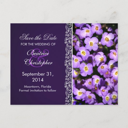 Paarse bloemen Bewaar de datum briefkaarten (Voorkant)
