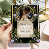 Paarse Bloemen Bewaar De Datum Met Fotouitnodiging Kaart