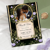 Paarse Bloemen Bewaar De Datum Met Fotouitnodiging Kaart