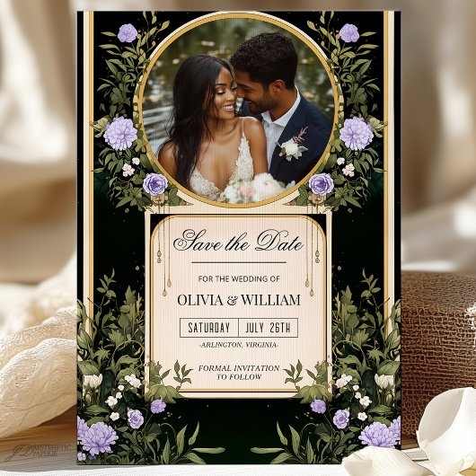 Paarse Bloemen Bewaar De Datum Met Fotouitnodiging Kaart