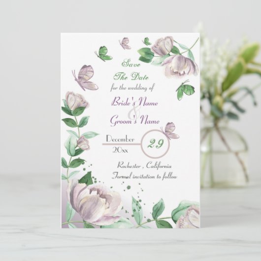 Paarse bloemen & bladeren vlinders de datum opslaa kaart (Staand voorkant)