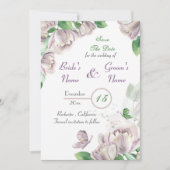 Paarse bloemen & bladeren vlinders de datum opslaa kaart (Voorkant)
