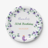 Paarse bloemen blauw wit papieren bordje (Voorkant)