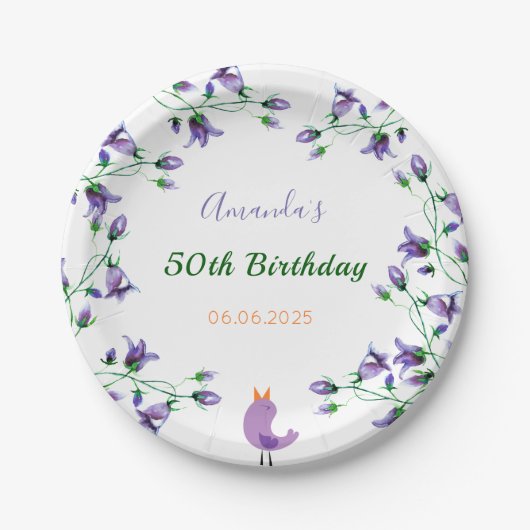 Paarse bloemen blauw wit papieren bordje (Voorkant)