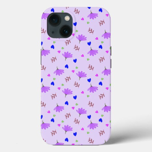 Paarse Bloemen Blauwe Harten Case-Mate iPhone Case (Achterkant)