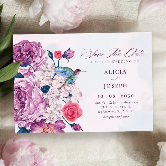 Paarse bloemen bloeien bruiloft save the date