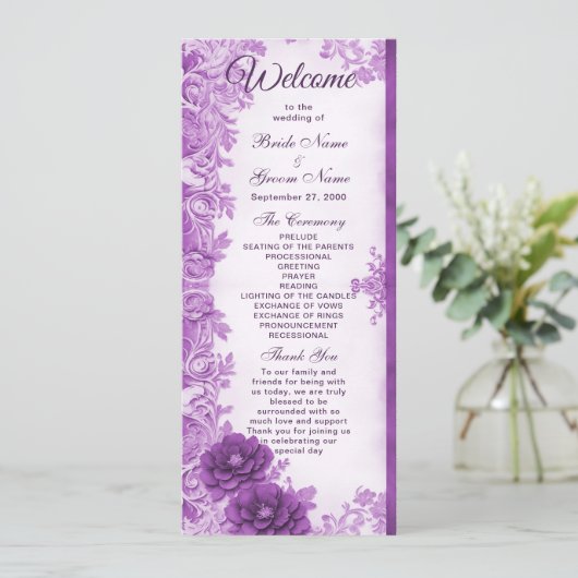 Paarse bloemen bloeien huwelijksprogramma programmakaart (Staand voorkant)