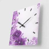 Paarse bloemen bloeien muurklok vierkante klok (Hoek)