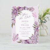 Paarse bloemen bloeien  save the date (Staand voorkant)