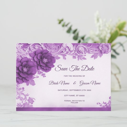 Paarse bloemen bloeien Save the date (Staand voorkant)