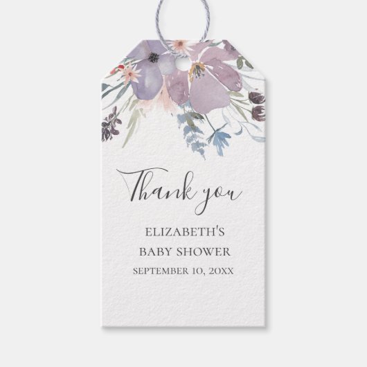 Paarse bloemen. Bloemen baby shower dank u Cadeaulabel (Voorkant)