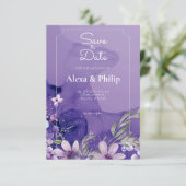 Paarse Bloemen Bloemen Waterverf Bruiloft Kaart (Staand voorkant)