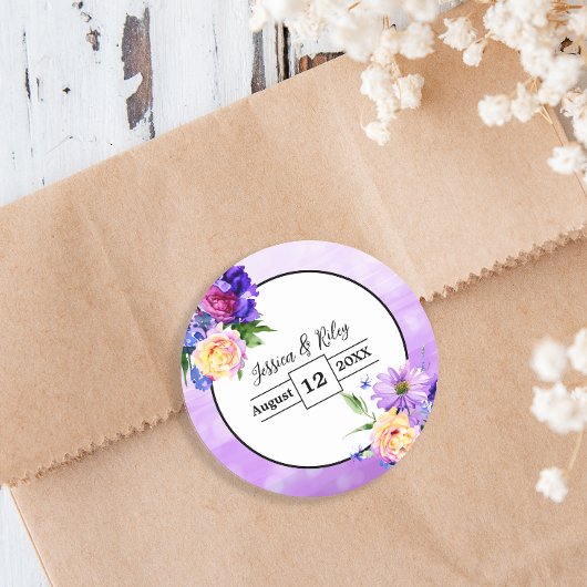 paarse bloemen bloemenbruiloft elegant ronde sticker