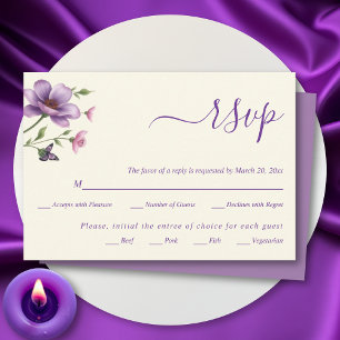 Paarse bloemen bloemenlente bruiloft RSVP kaartje
