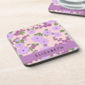 Paarse bloemen, bloemenpatroon, Jouw naam Bier Onderzetter (Linkerzijde)