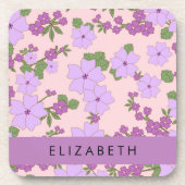 Paarse bloemen, bloemenpatroon, Jouw naam Bier Onderzetter (Voorkant)