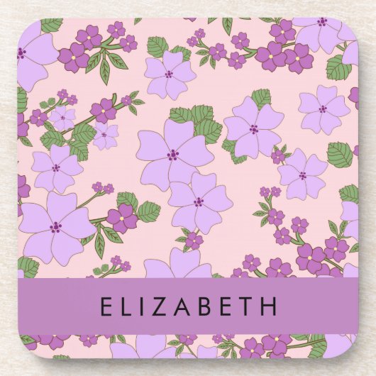Paarse bloemen, bloemenpatroon, Jouw naam Bier Onderzetter (Voorkant)