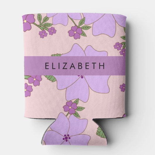 Paarse bloemen, bloemenpatroon, Jouw naam Blikjeskoeler (Achterkant)