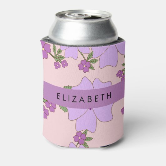 Paarse bloemen, bloemenpatroon, Jouw naam Blikjeskoeler (Blikje Achterkant)