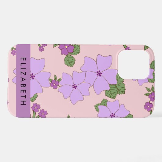 Paarse bloemen, bloemenpatroon, Jouw naam iPhone Hoesje (Achterkant horizontaal)