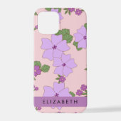 Paarse bloemen, bloemenpatroon, Jouw naam iPhone Hoesje (Achterkant)