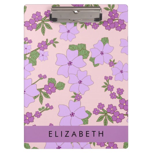 Paarse bloemen, bloemenpatroon, Jouw naam Klembord (Voorkant)