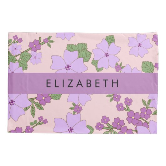 Paarse bloemen, bloemenpatroon, Jouw naam Kussensloop (Achterkant)