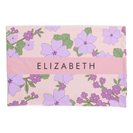 Paarse bloemen, bloemenpatroon, Jouw naam Kussensloop (Voorkant)