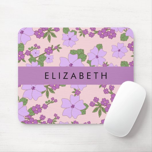 Paarse bloemen, bloemenpatroon, Jouw naam Muismat (Met muis)