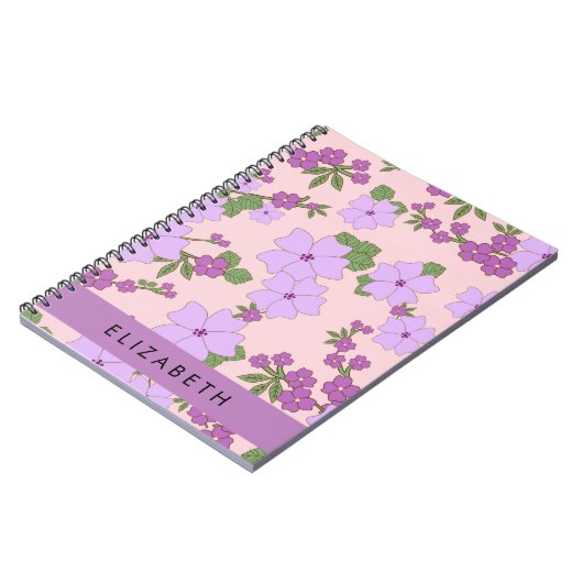 Paarse bloemen, bloemenpatroon, Jouw naam Notitieboek (Linkerzijde)