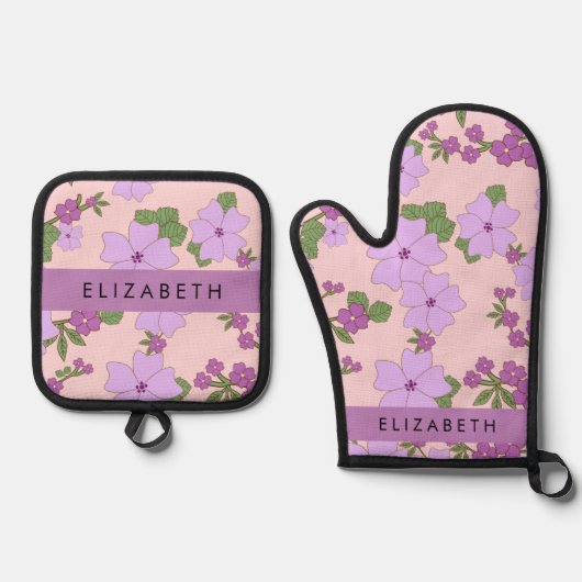 Paarse bloemen, bloemenpatroon, Jouw naam Ovenwant & Pannenlap Set (Voorkant)