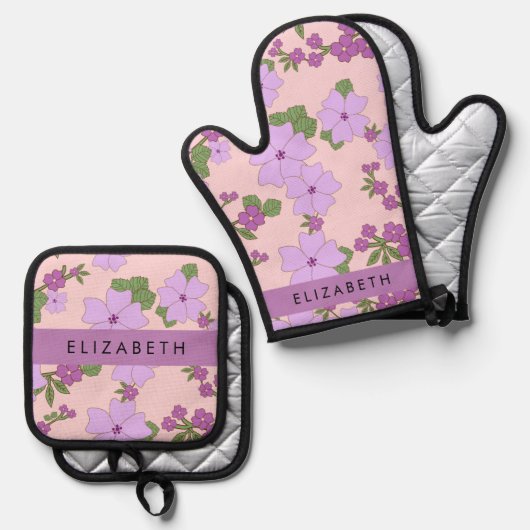 Paarse bloemen, bloemenpatroon, Jouw naam Ovenwant & Pannenlap Set (Voorkant / Achterkant)