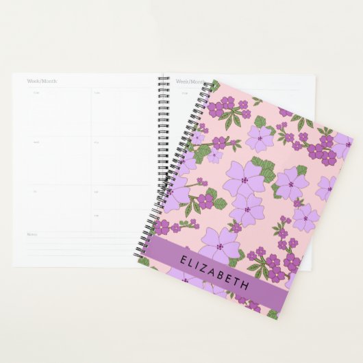 Paarse bloemen, bloemenpatroon, Jouw naam Planner (Display)