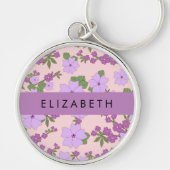 Paarse bloemen, bloemenpatroon, Jouw naam Sleutelhanger (Voorkant)