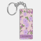 Paarse bloemen, bloemenpatroon, Jouw naam Sleutelhanger (Voorkant Links)