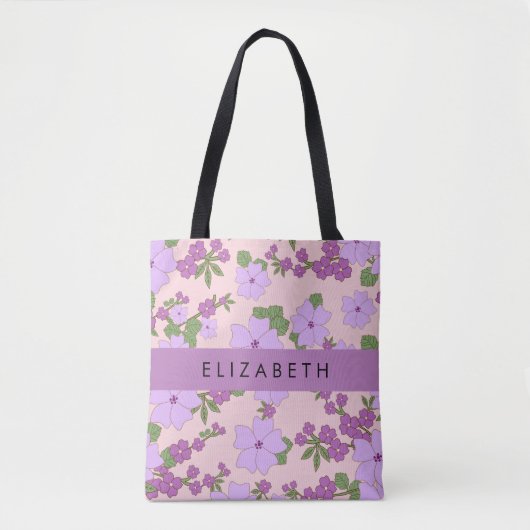 Paarse bloemen, bloemenpatroon, Jouw naam Tote Bag (Voorkant)