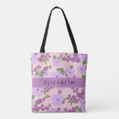 Paarse bloemen, bloemenpatroon, Jouw naam Tote Bag (Achterkant)