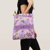 Paarse bloemen, bloemenpatroon, Jouw naam Tote Bag (Dichtbij)
