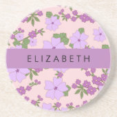 Paarse bloemen, bloemenpatroon, Jouw naam Zandsteen Onderzetter (Voorkant)