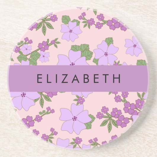 Paarse bloemen, bloemenpatroon, Jouw naam Zandsteen Onderzetter (Voorkant)