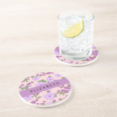 Paarse bloemen, bloemenpatroon, Jouw naam Zandsteen Onderzetter (Zijkant)