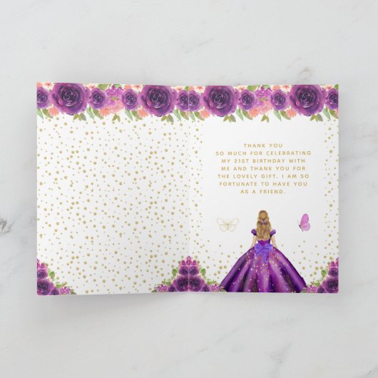 Paarse Bloemen Blond Haar Meisje Verjaardagsfeest Bedankkaart (Binnen)