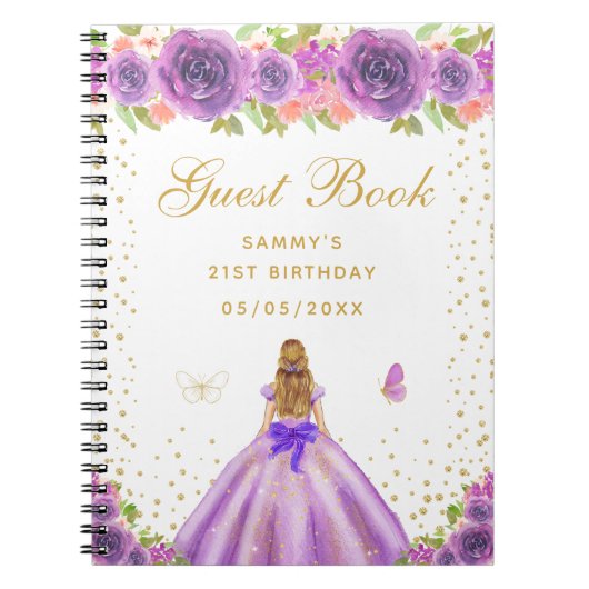 Paarse Bloemen Blond Haar Prinses Gastenboek Notitieboek (Voorkant)