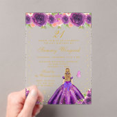 Paarse Bloemen Blond Haar Prinses Verjaardagsfeest Acryl Uitnodigingen (Insitu (Draagbaar))