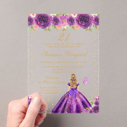 Paarse Bloemen Blond Haar Prinses Verjaardagsfeest Acryl Uitnodigingen (Insitu (Draagbaar))