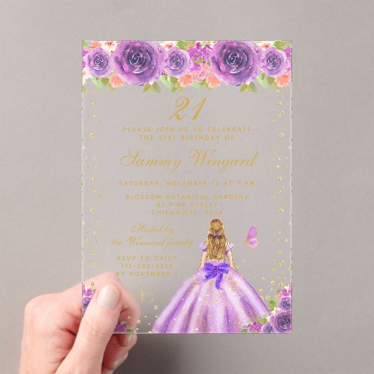 Paarse Bloemen Blond Haar Prinses Verjaardagsfeest Acryl Uitnodigingen (Insitu (Draagbaar))