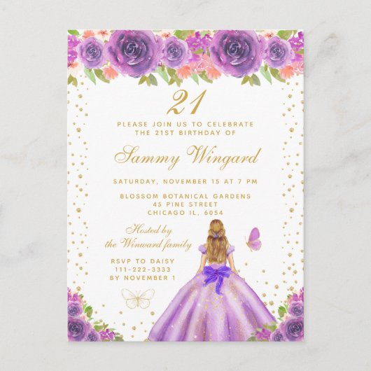 Paarse Bloemen Blond Haar Prinses Verjaardagsfeest Briefkaart (Voorkant)